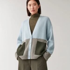 COS Oversized Wool-Alpaca Color block Cardigan light blue
